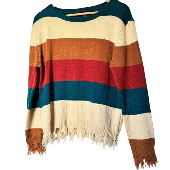 ROCK & ROLL COWGIRL Women Small Cream Red Blue Color block Sweater Fringe Tassel - Picture 2 of 10
